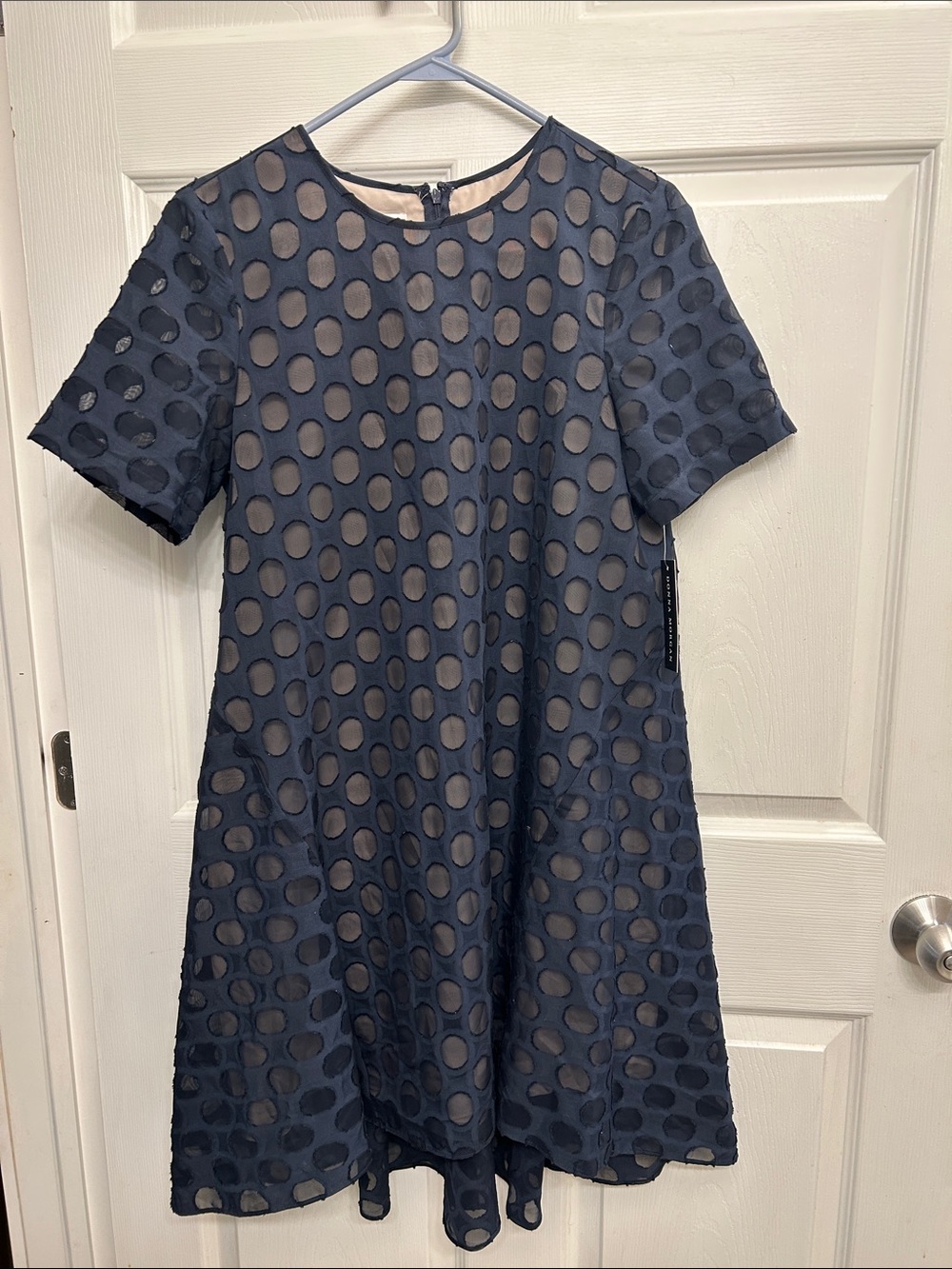 Donna Morgan Navy Blue Dot Mesh Midi Dress